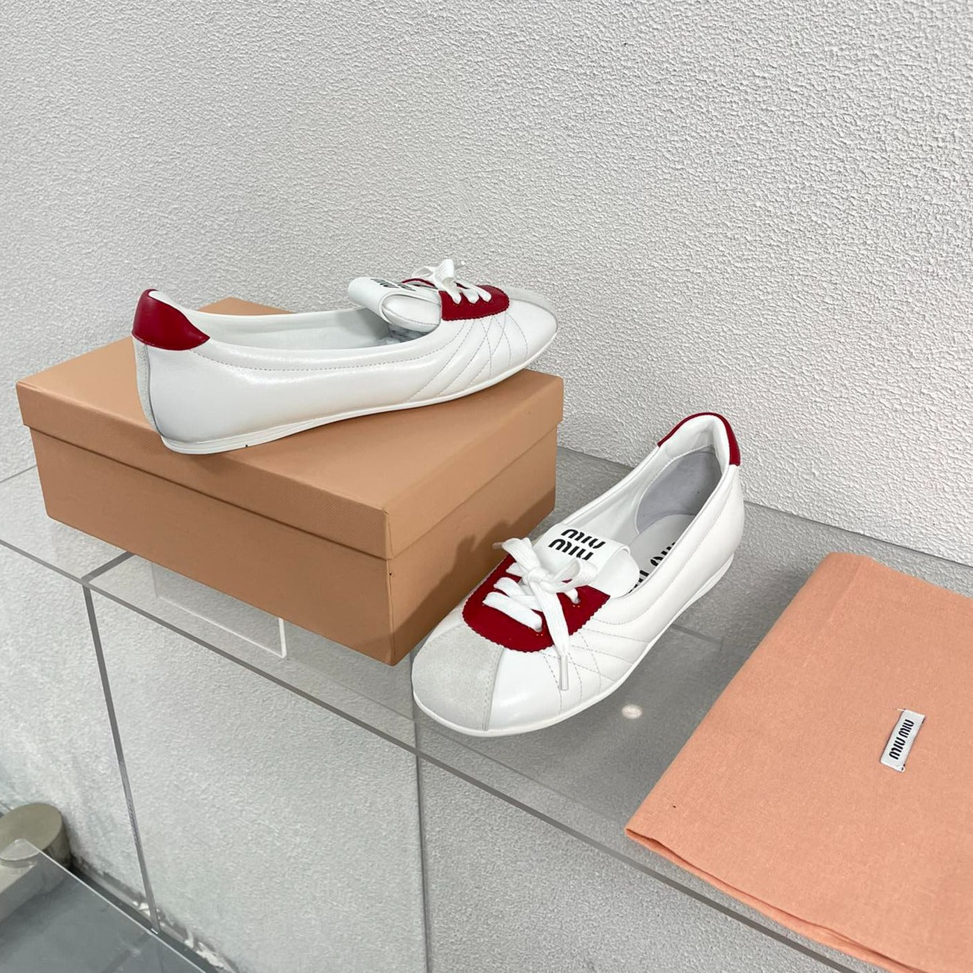 White Leather Ballet Flats With Red - 35