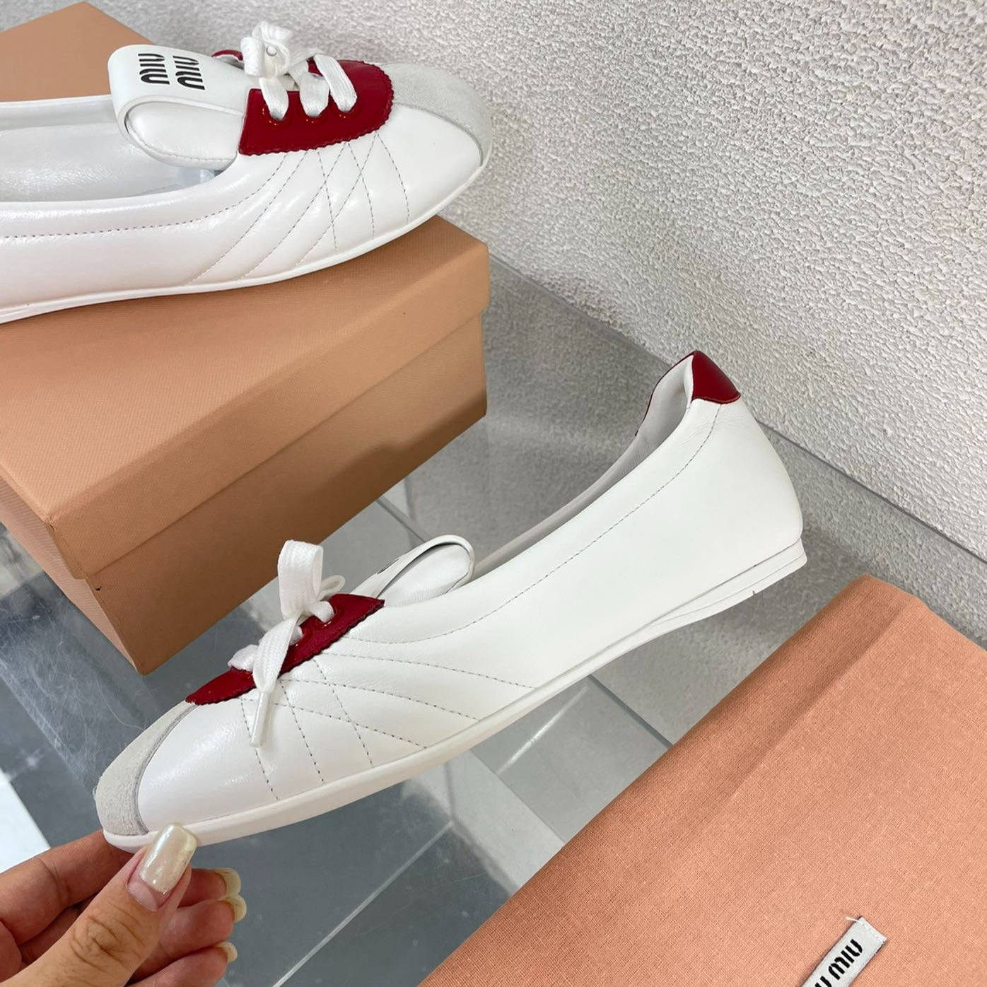 White Leather Ballet Flats With Red - 35