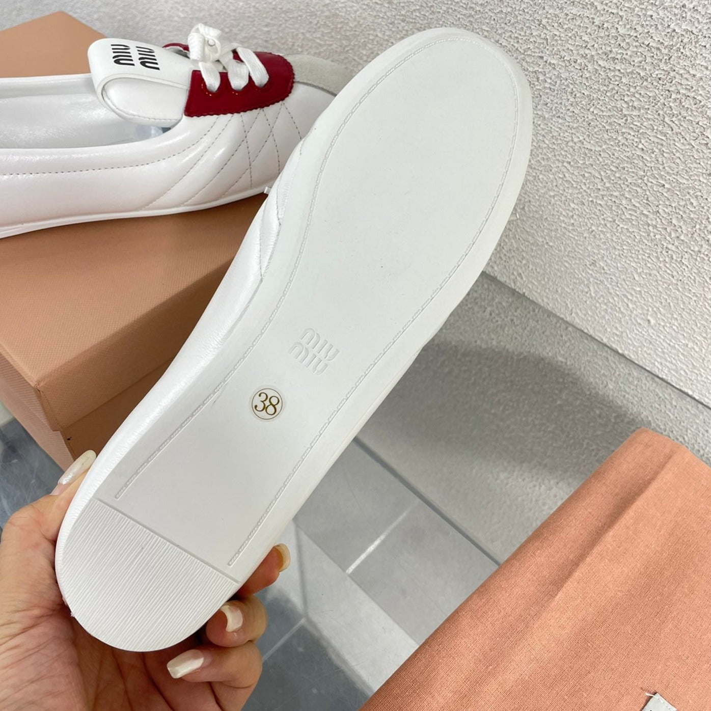 White Leather Ballet Flats With Red - 35