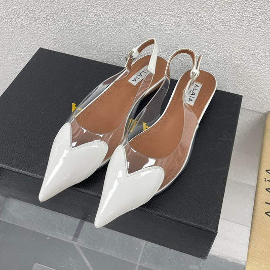 ALAIA LE COEUR FLAT SLINGBACKS IN WHITE PATENT LAMBSKIN - 34