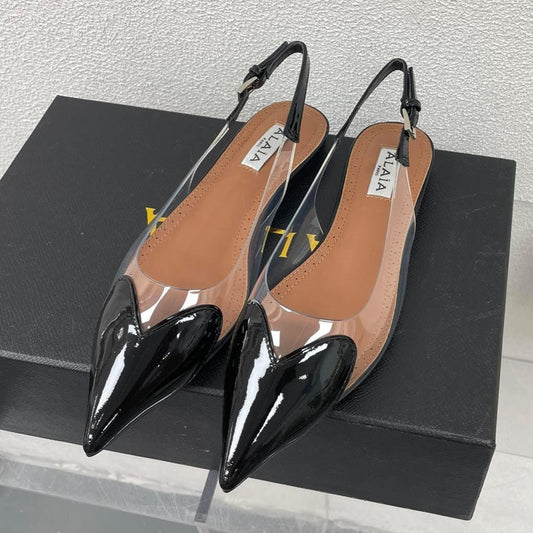 ALAIA LE COEUR FLAT SLINGBACKS IN BLACK PATENT LAMBSKIN - 34