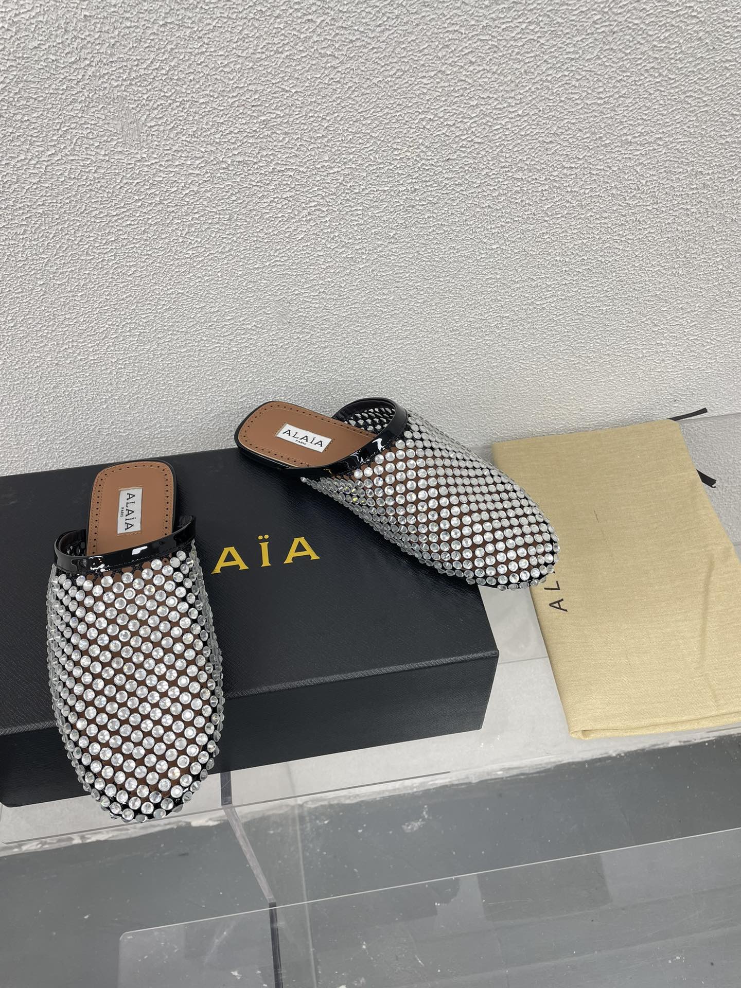 ALAIA FLAT MULES IN STRASS BLACK LAMBSKIN WITH RHINSTONES - 34