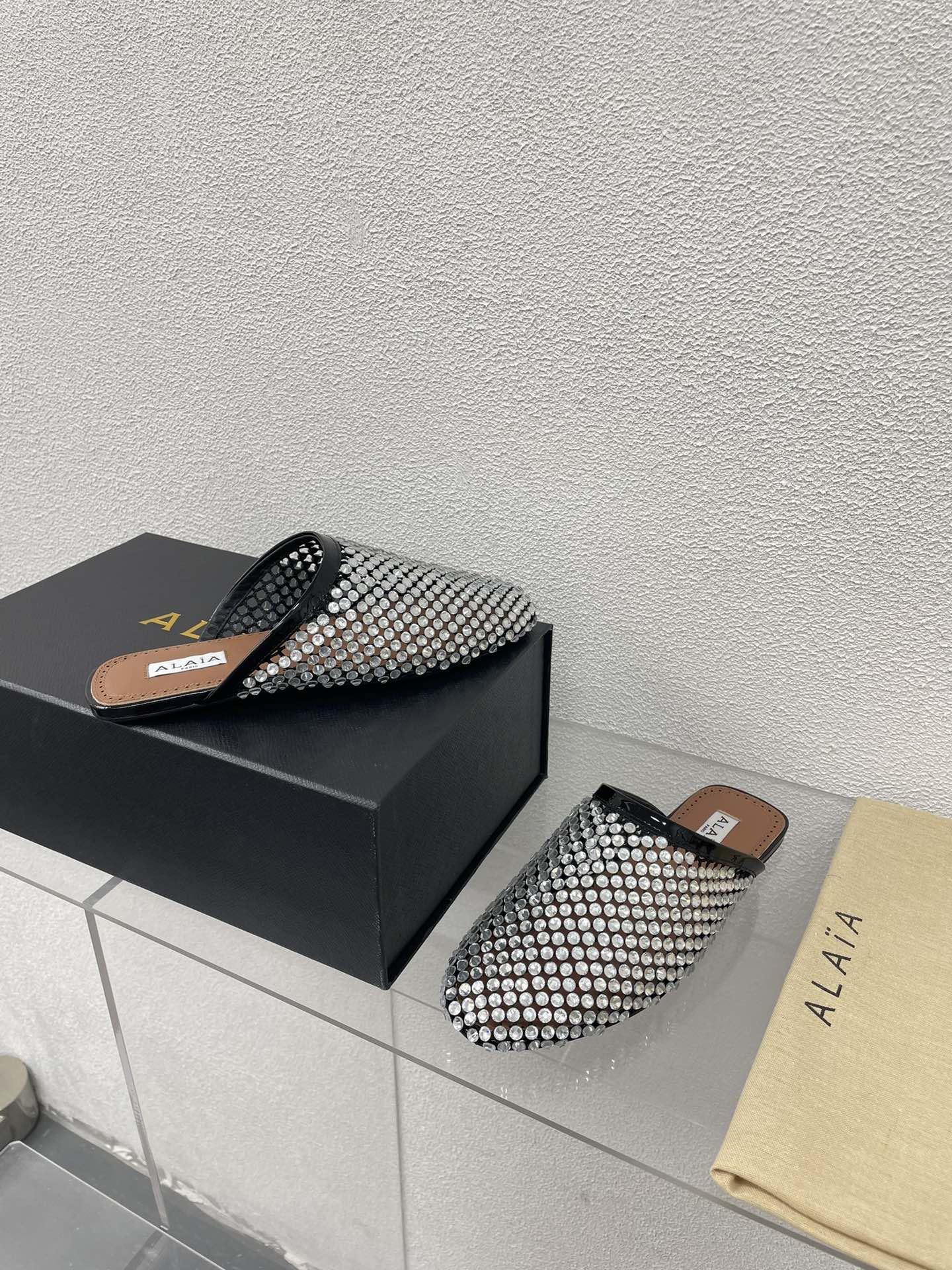 ALAIA FLAT MULES IN STRASS BLACK LAMBSKIN WITH RHINSTONES - 34