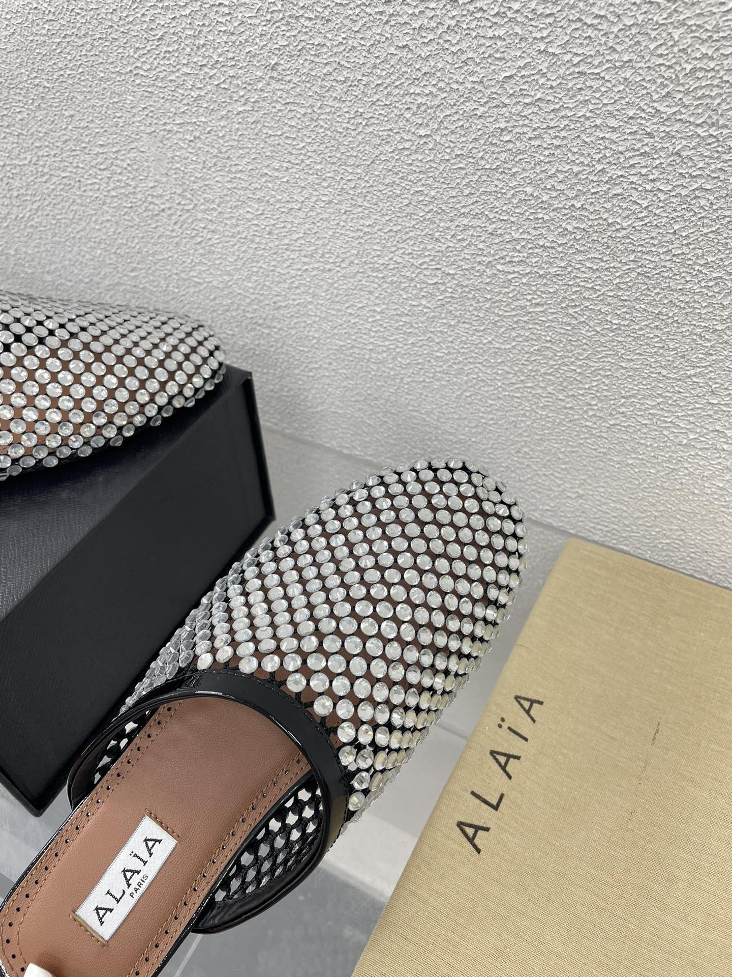 ALAIA FLAT MULES IN STRASS BLACK LAMBSKIN WITH RHINSTONES - 34