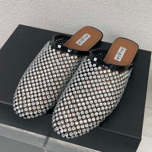 ALAIA FLAT MULES IN STRASS BLACK LAMBSKIN WITH RHINSTONES - 34