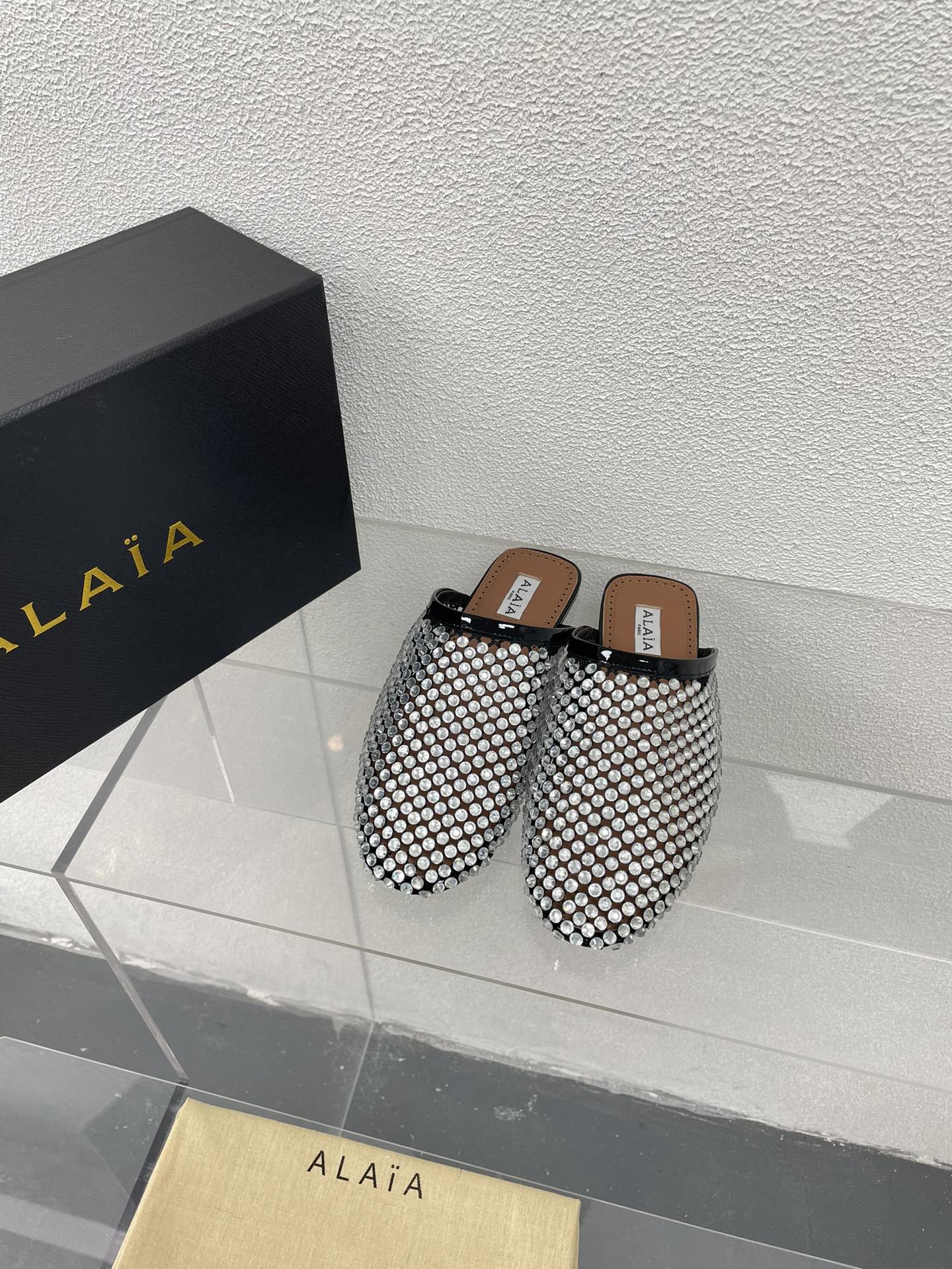 ALAIA FLAT MULES IN STRASS BLACK LAMBSKIN WITH RHINSTONES - 34