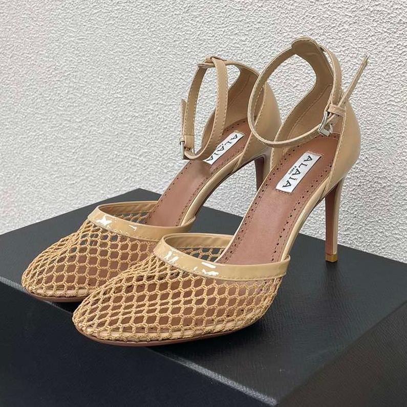 ALAIA HIGH FISHNET 9 CM PUMPS IN EGG NOG MESH - 34