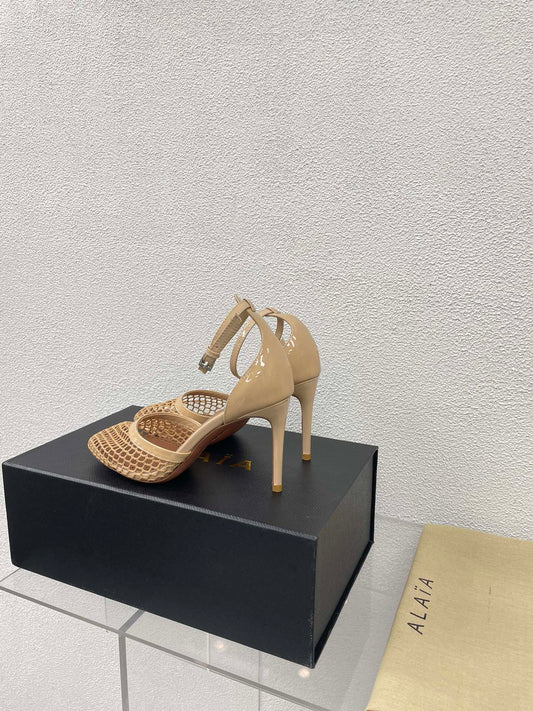 ALAIA HIGH FISHNET 9 CM PUMPS IN EGG NOG MESH - 34