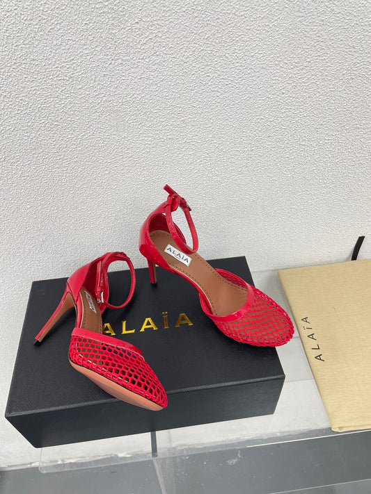 ALAIA HIGH FISHNET 9 CM PUMPS IN CHERRY RED MESH - 34