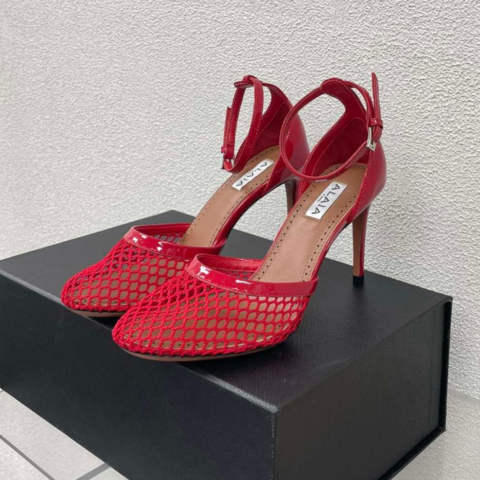 ALAIA HIGH FISHNET 9 CM PUMPS IN CHERRY RED MESH - 34