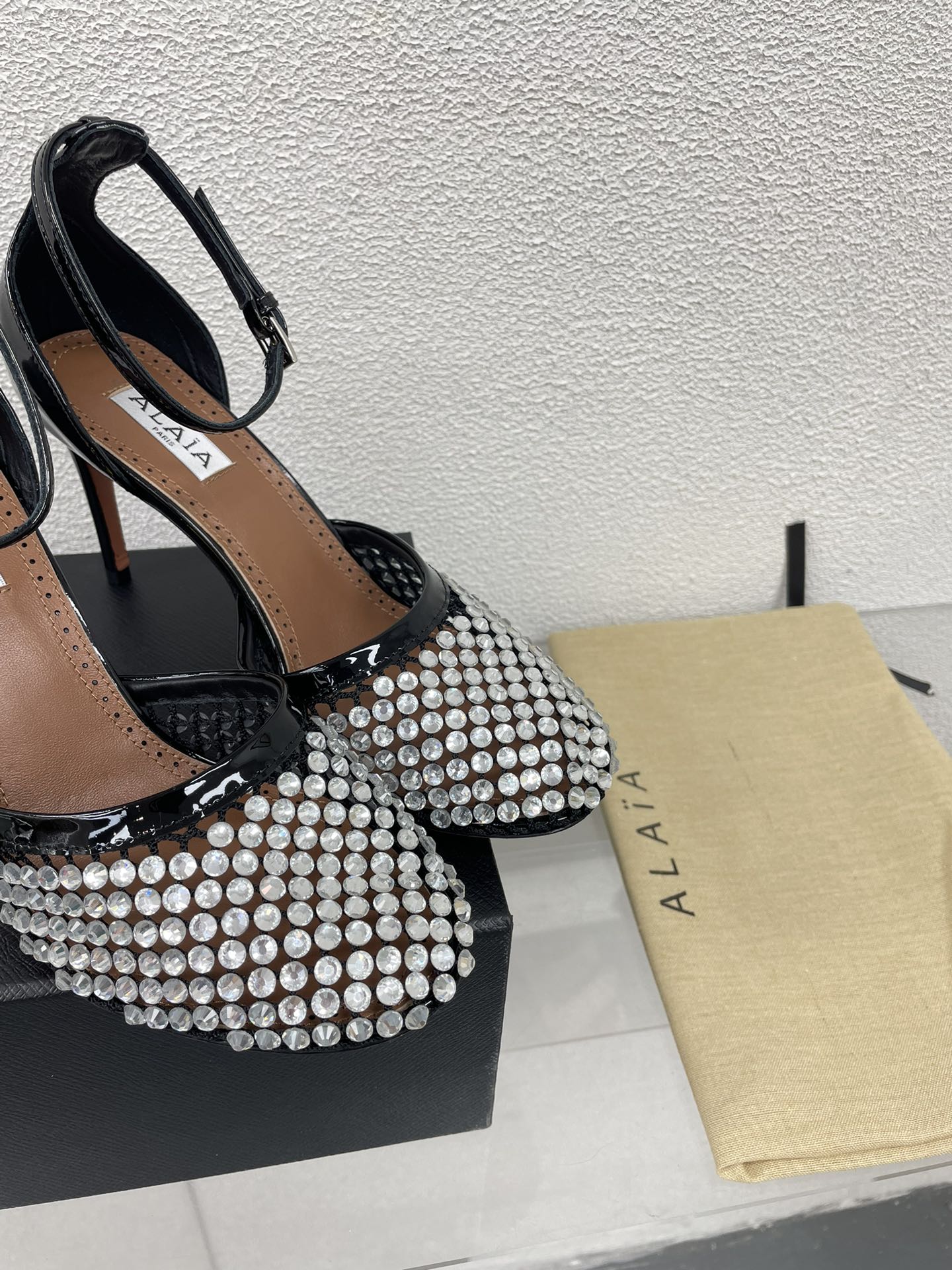 ALAIA HIGH FISHNET PUMPS IN BLACK MESH WITH WHITE RHINSTONES - 35