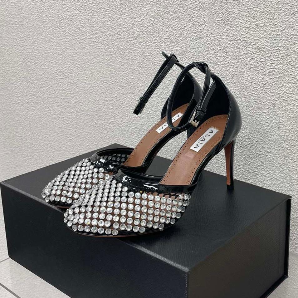 ALAIA HIGH FISHNET PUMPS IN BLACK MESH WITH WHITE RHINSTONES - 35