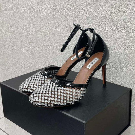 ALAIA HIGH FISHNET PUMPS IN BLACK MESH WITH WHITE RHINSTONES - 35