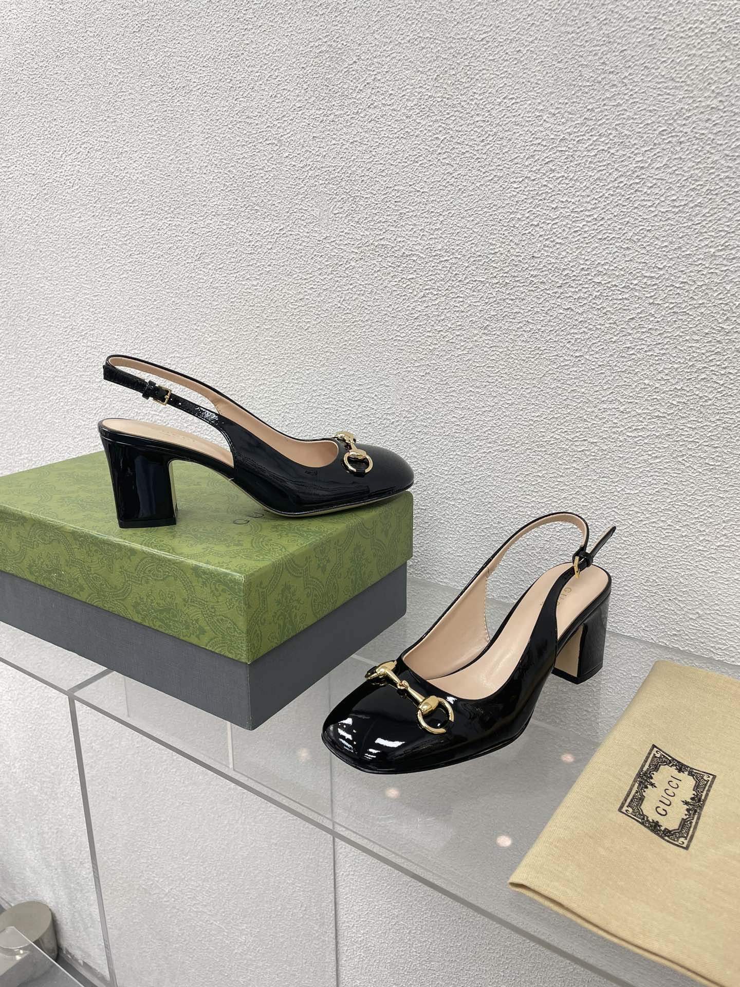 GG WOMEN'S HORSEBIT SLINGBACK 75MM IN BLACK CALFSKIN - 35