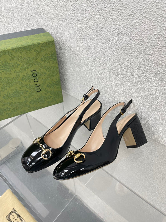GG WOMEN'S HORSEBIT SLINGBACK 75MM IN BLACK CALFSKIN - 35