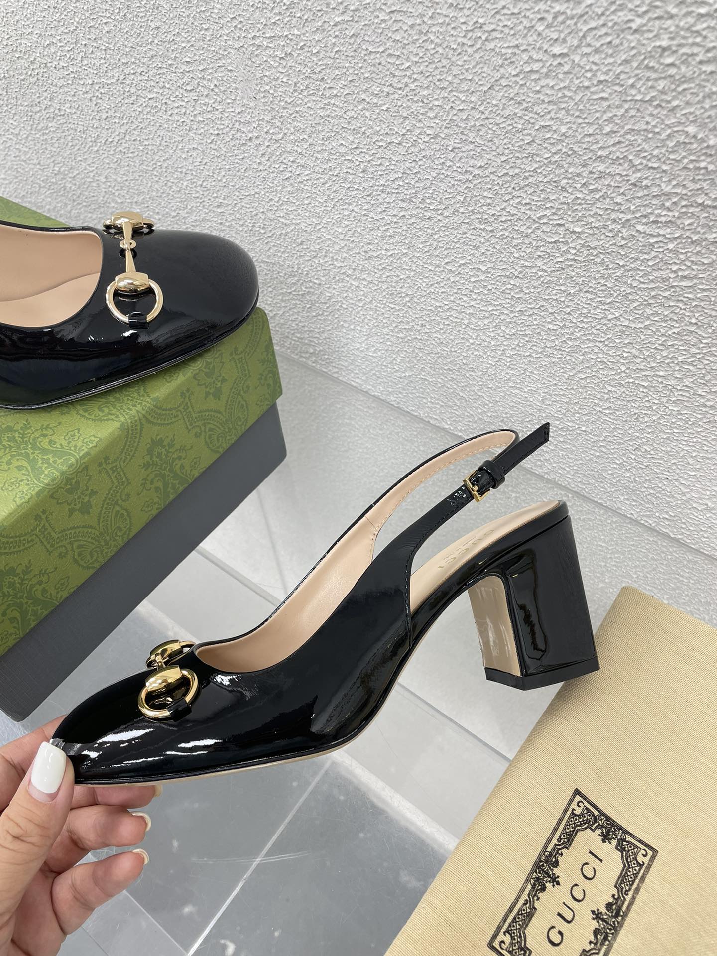 GG WOMEN'S HORSEBIT SLINGBACK 75MM IN BLACK CALFSKIN - 35