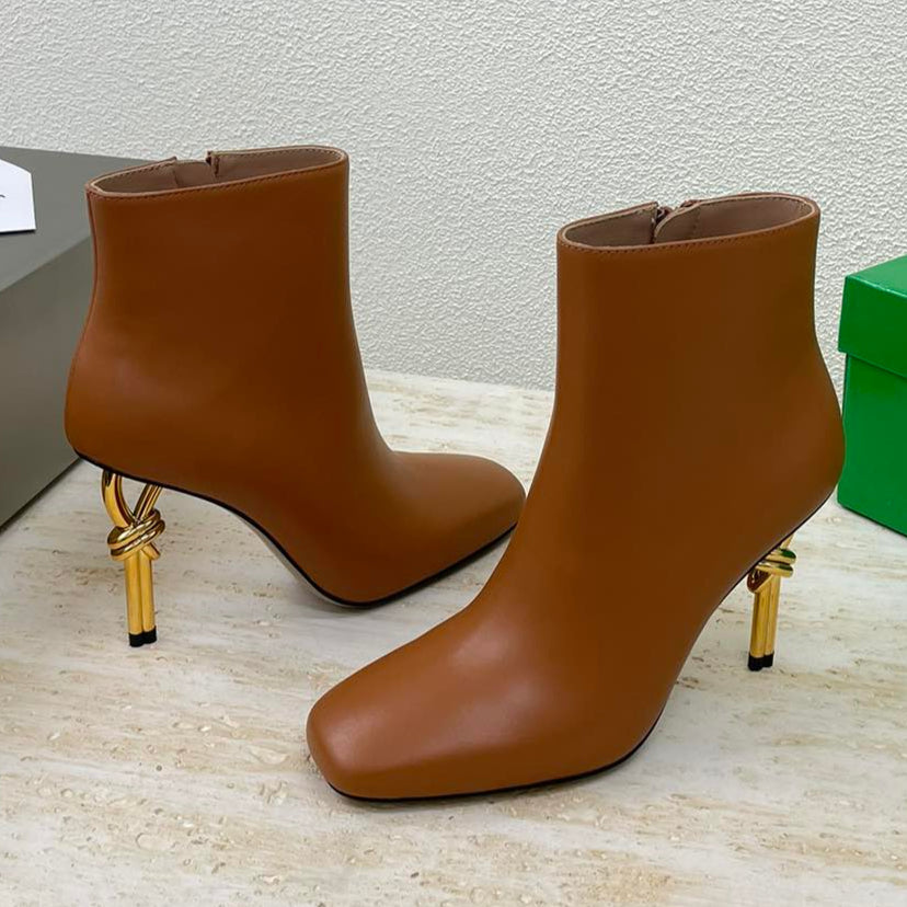 KNOT ANKLE BOOT IN BRONZE BROWN CALFSKIN WITH GOLD METAL HEEL 9 CM - 34