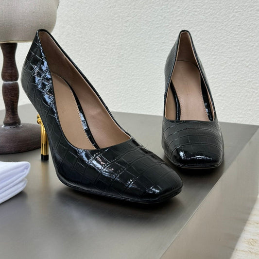KNOT HIGH PUMP IN BLACK CALFSKIN WITH WOVEN DESIGN AND GOLD METAL HEEL 9 CM - 34