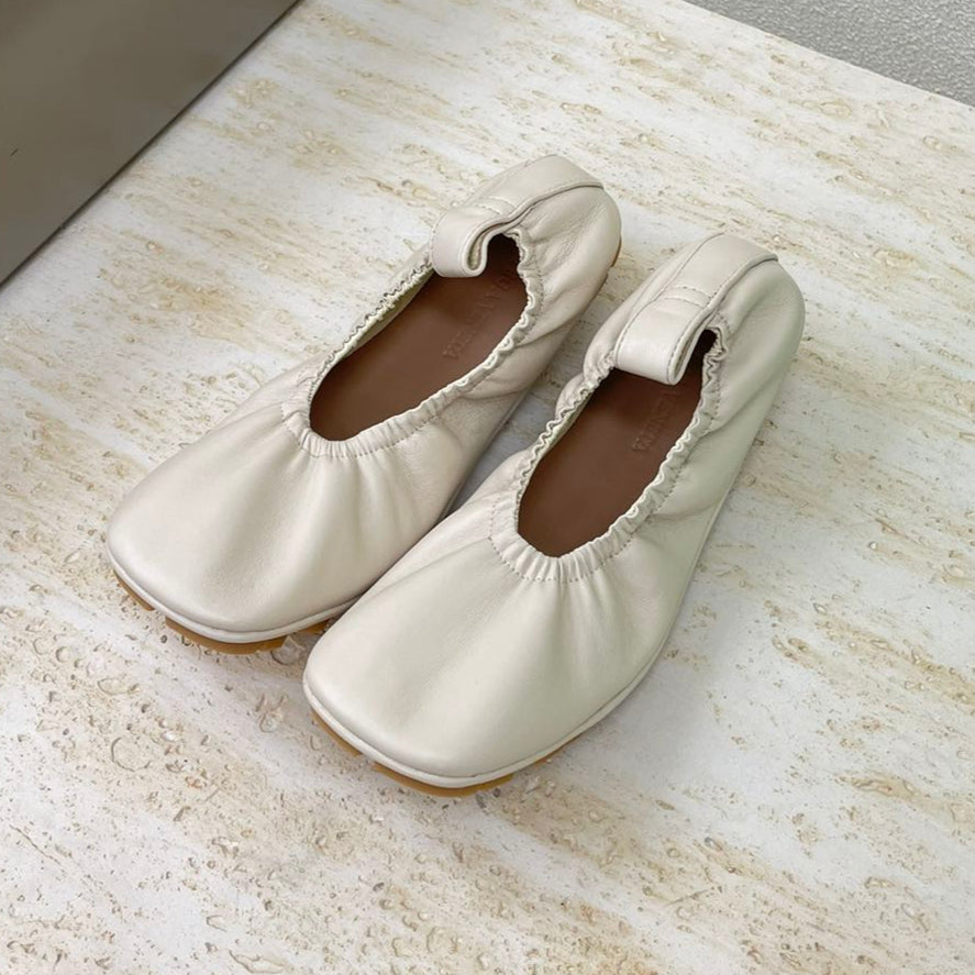 ELASTIC BALLERINA FLATS IN WHITE CREAM LAMBSKIN - 35
