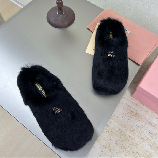 BLACK RABBIT FUR MULES - 35