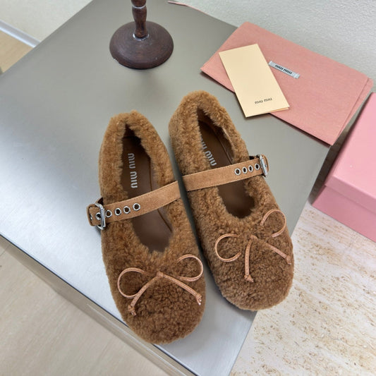 SHEARLING BALLET FLAT BROWN WITH SUEDE STRAP - 35