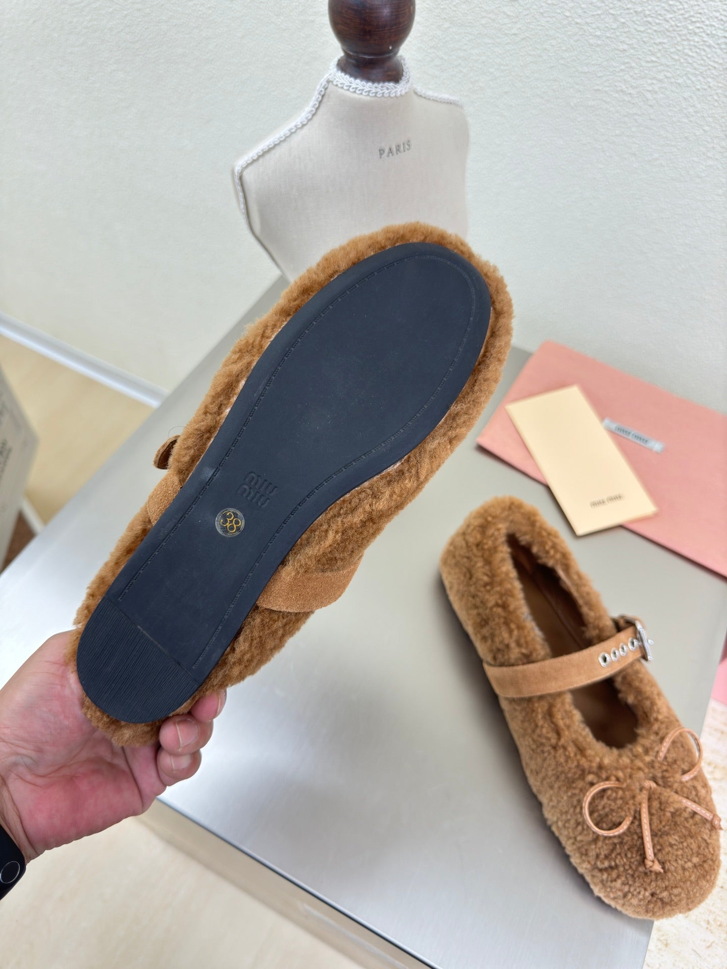 SHEARLING BALLET FLAT BROWN WITH SUEDE STRAP - 35