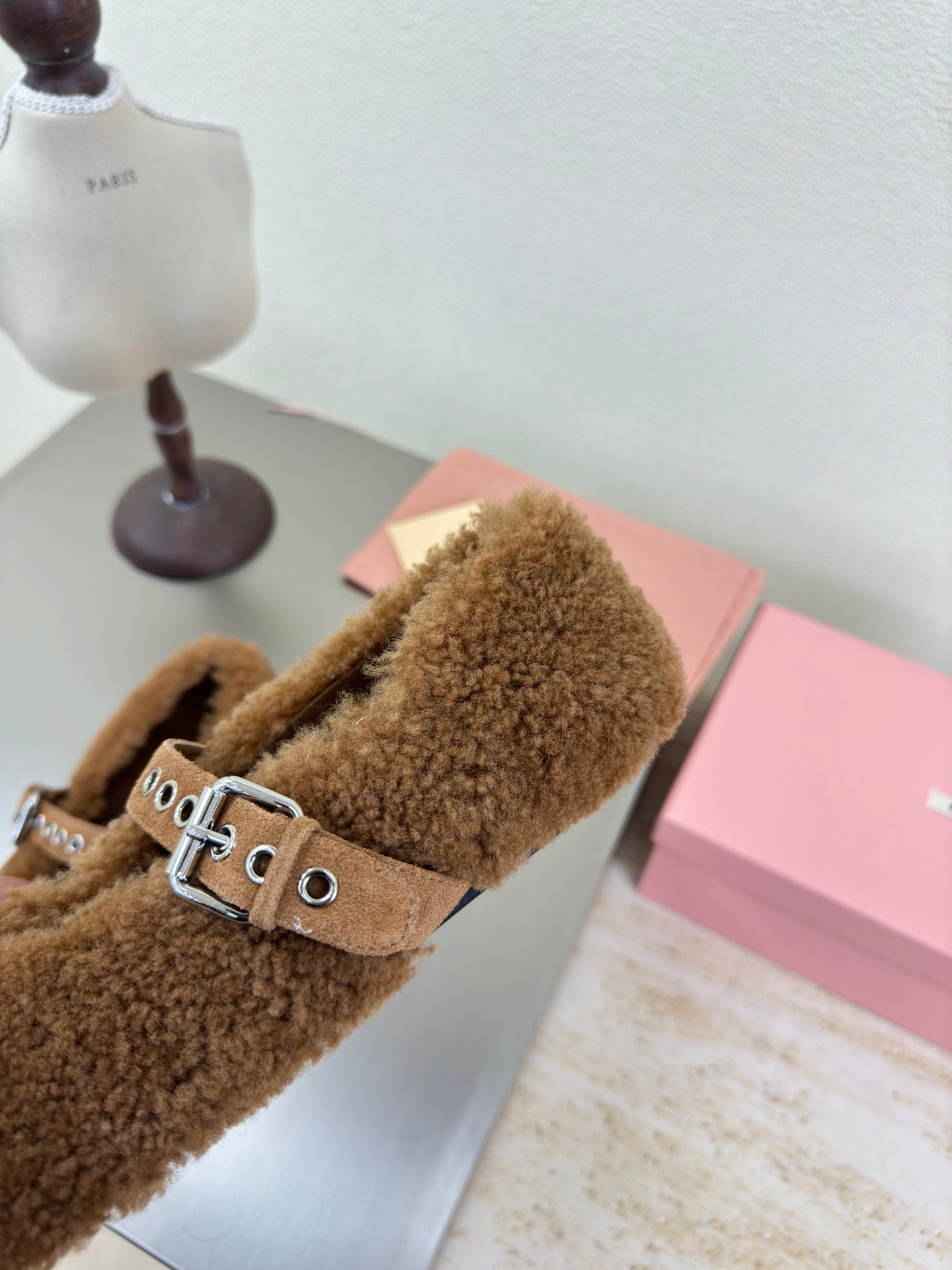 SHEARLING BALLET FLAT BROWN WITH SUEDE STRAP - 35