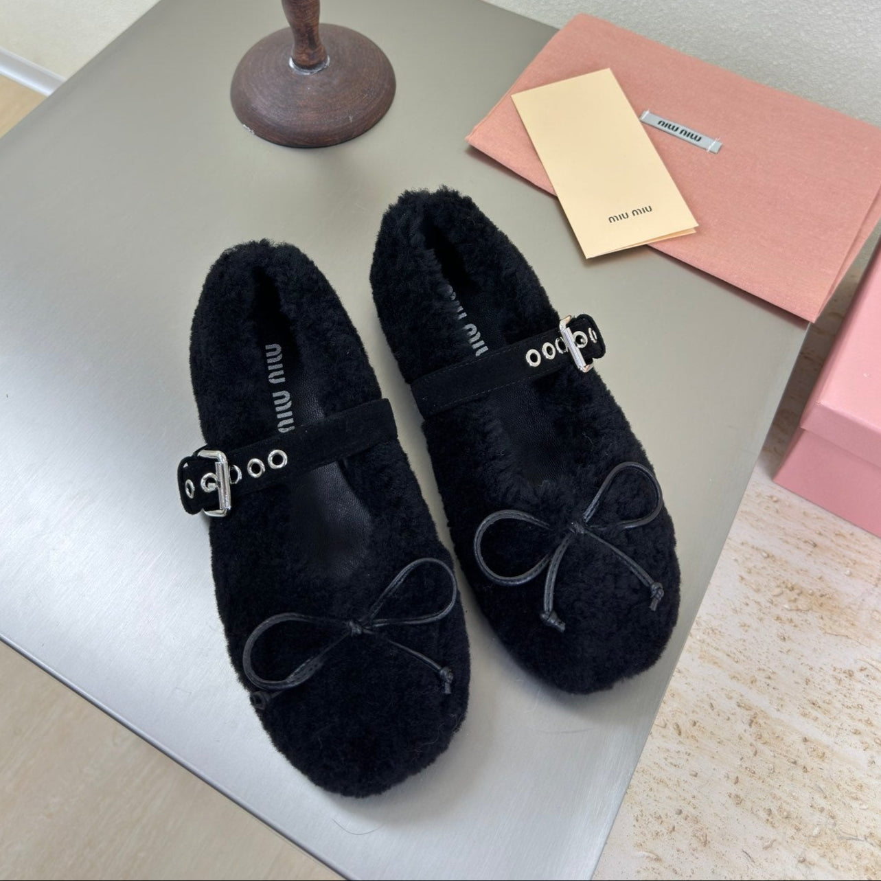 SHEARLING BALLET FLAT BLACK WITH SUEDE STRAP - 35