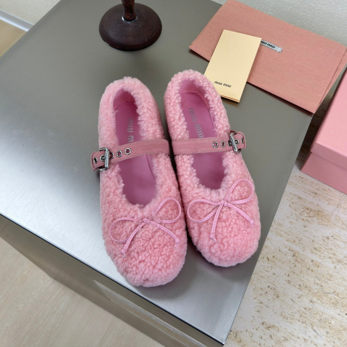 SHEARLING BALLET FLAT PINK WITH SUEDE STRAP - 35