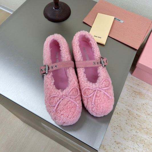 SHEARLING BALLET FLAT PINK WITH SUEDE STRAP - 35