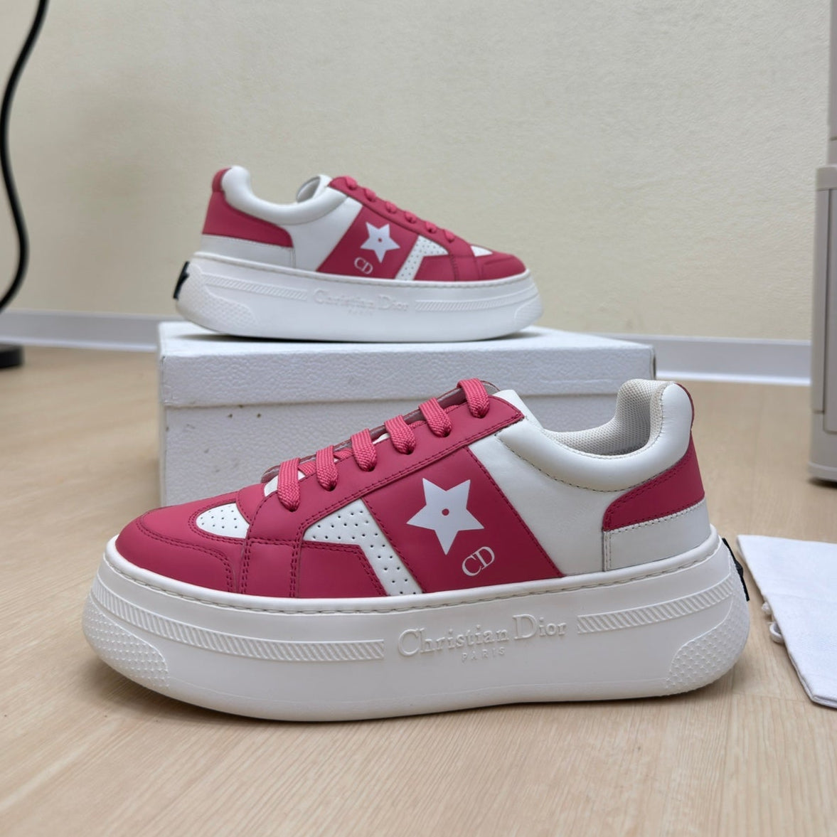 STAR PLATFORM SNEAKER IN WHITE MIX RED PINK CALFSKIN - 35