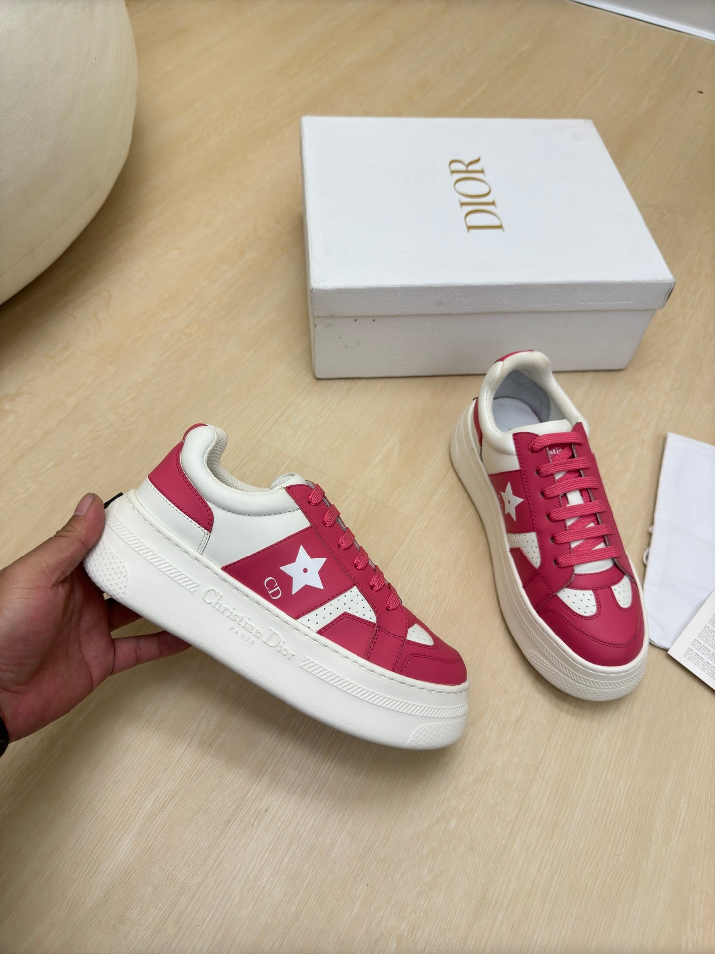 STAR PLATFORM SNEAKER IN WHITE MIX RED PINK CALFSKIN - 35