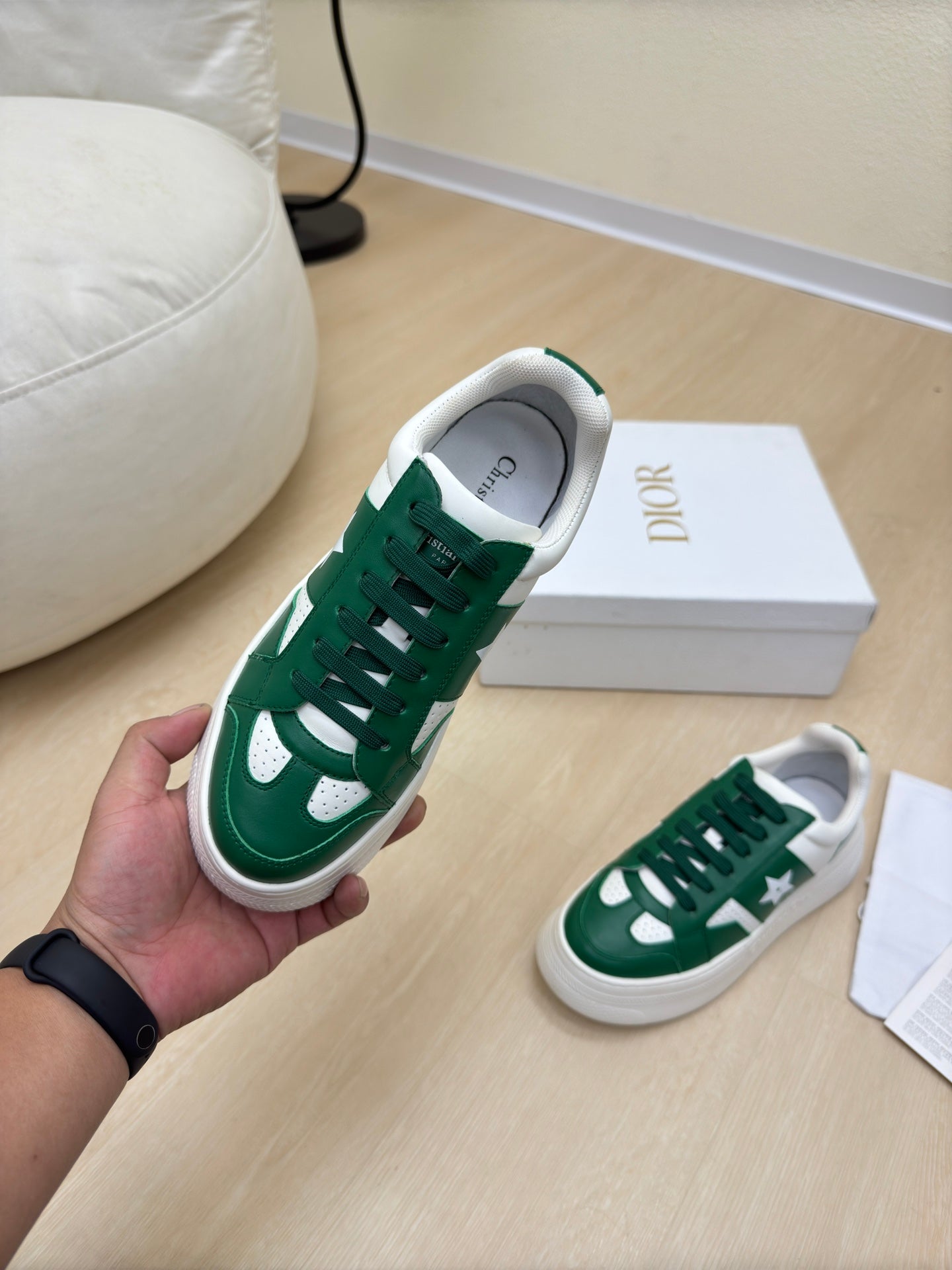 STAR PLATFORM SNEAKER IN WHITE MIX EMERALD GREEN CALFSKIN - 35