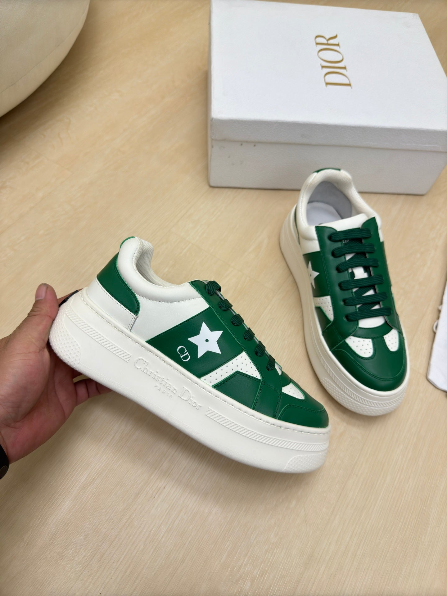 STAR PLATFORM SNEAKER IN WHITE MIX EMERALD GREEN CALFSKIN - 35