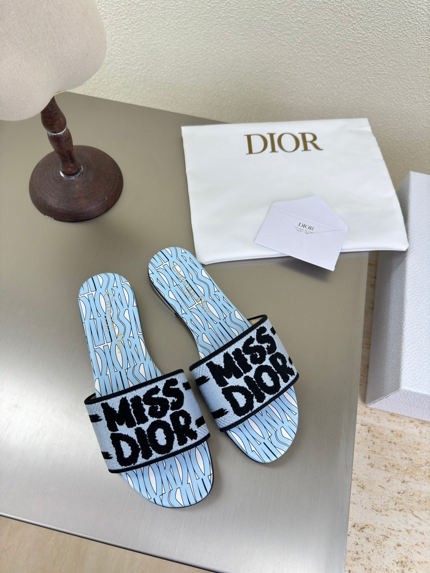 DWAY SLIDE EMBROIDERED COTTON AND POWDER BLUE MISS DIOR ALLOVER MOTIF - 34