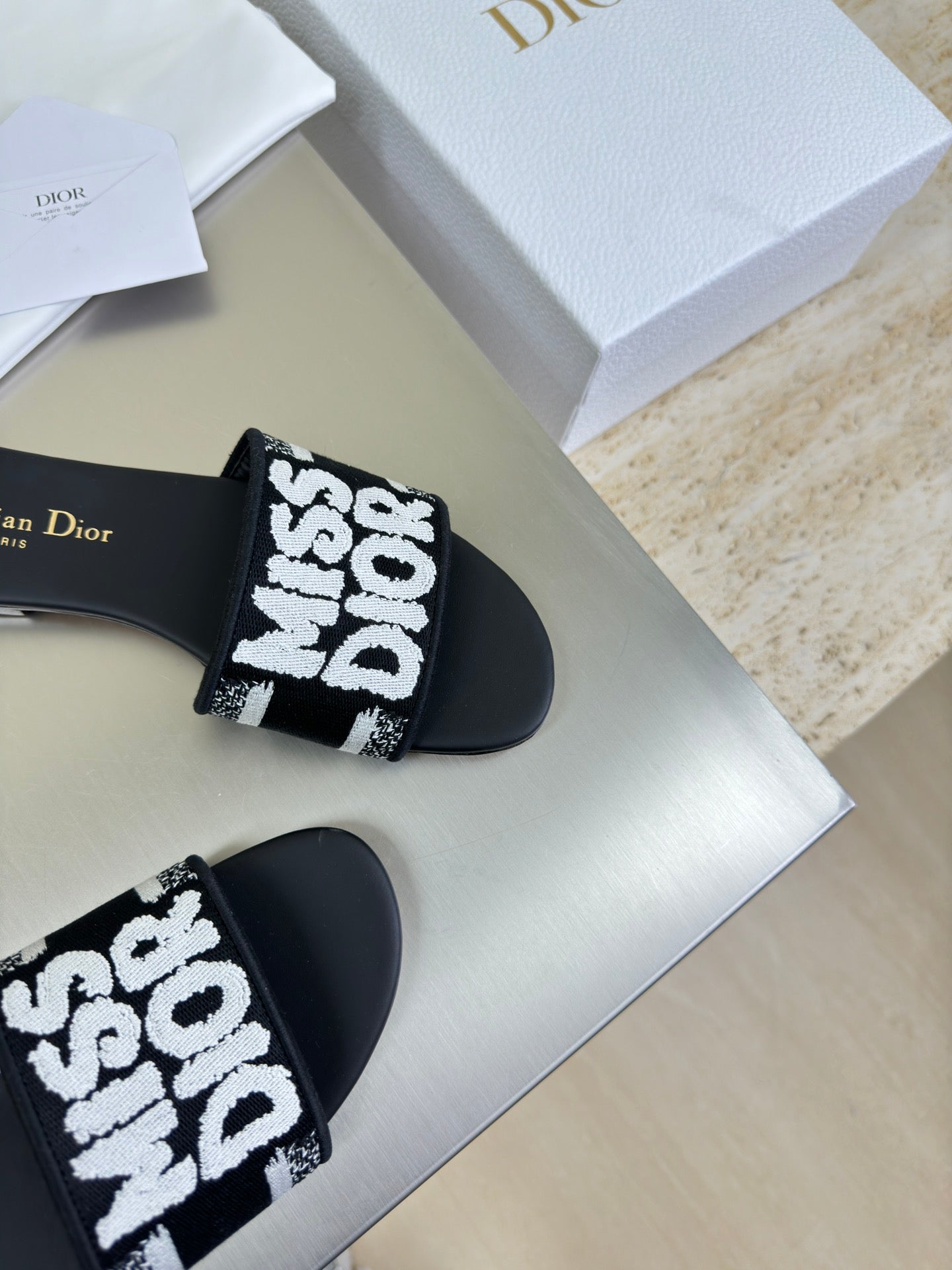 DWAY SLIDE EMBROIDERED COTTON AND BLACK MISS DIOR ALLOVER MOTIF - 34