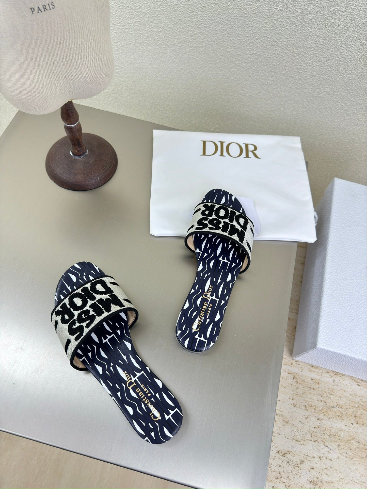 DWAY SLIDE EMBROIDERED COTTON AND NAVY BLUE MISS DIOR ALLOVER MOTIF - 34