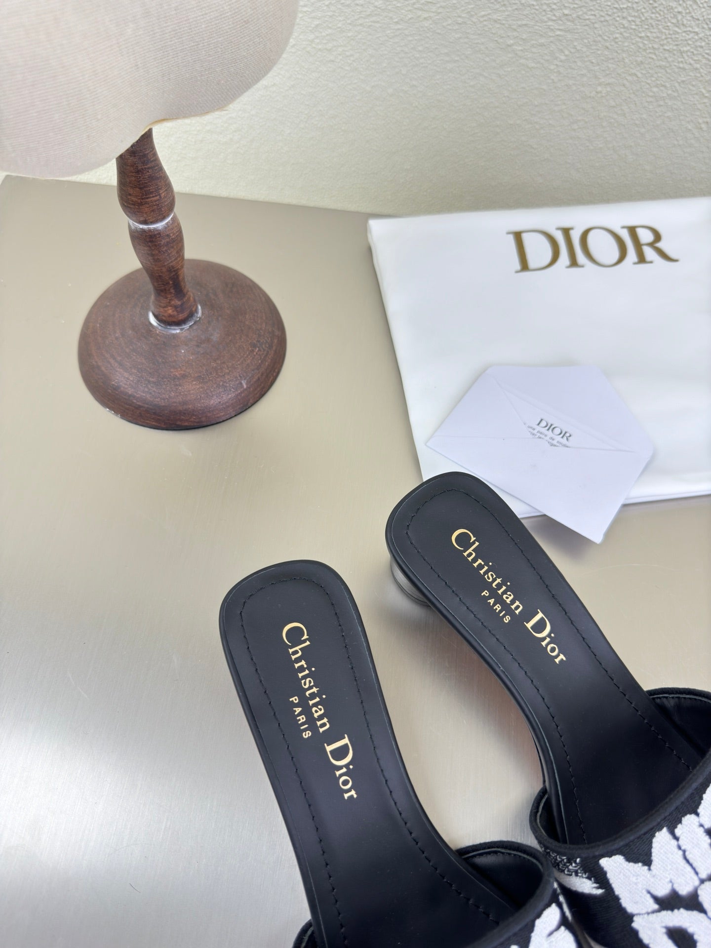 DWAY HEELED SLIDE EMBROIDERED COTTON AND BLACK MISS DIOR ALLOVER MOTIF 35 MM - 34