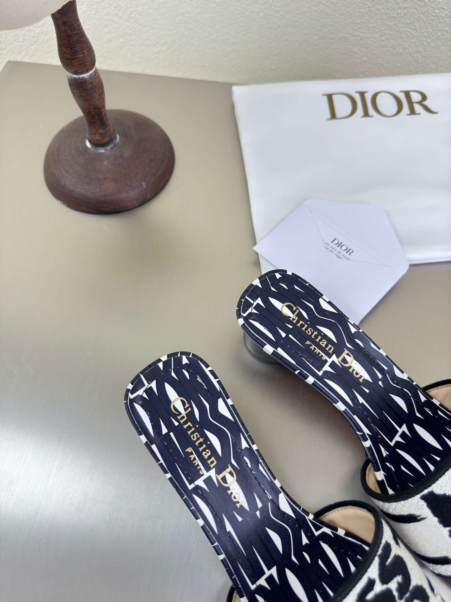 DWAY HEELED SLIDE EMBROIDERED COTTON AND NAVY BLUE MISS DIOR ALLOVER MOTIF 35 MM - 34