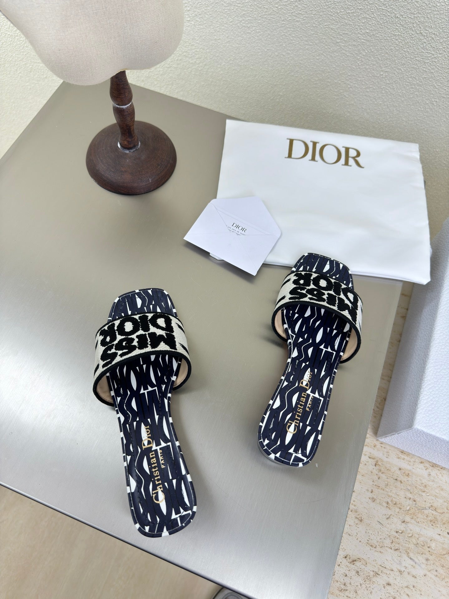 DWAY HEELED SLIDE EMBROIDERED COTTON AND NAVY BLUE MISS DIOR ALLOVER MOTIF 35 MM - 34