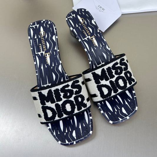 DWAY HEELED SLIDE EMBROIDERED COTTON AND NAVY BLUE MISS DIOR ALLOVER MOTIF 35 MM - 34