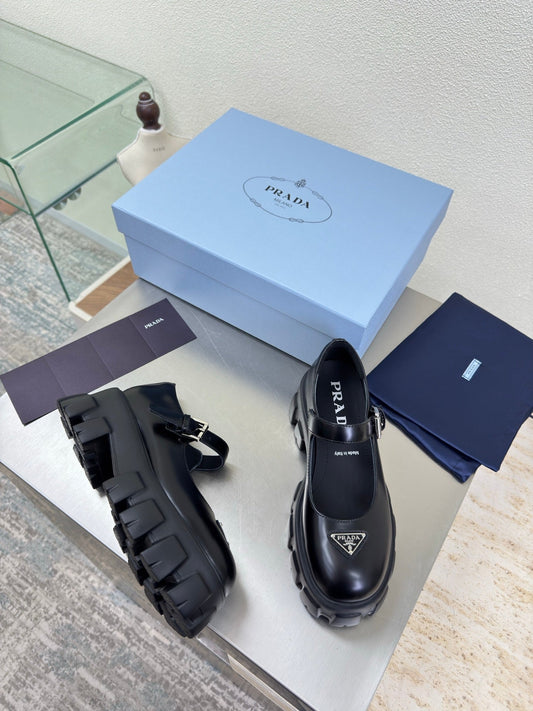 PRADA 25S PLATFORM MARY JANE SHOES IN BLACK CALFSKIN STYLE 3 - 35