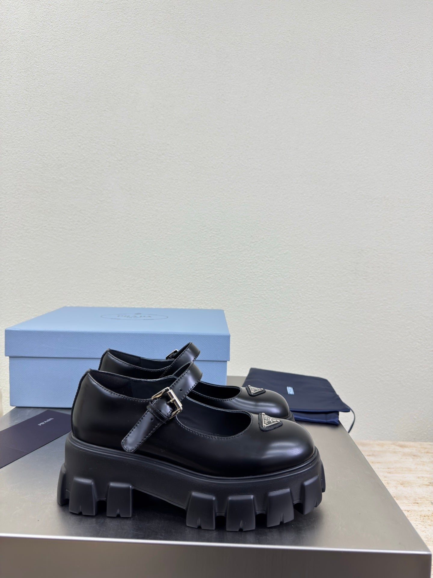PRADA 25S PLATFORM MARY JANE SHOES IN BLACK CALFSKIN STYLE 3 - 35