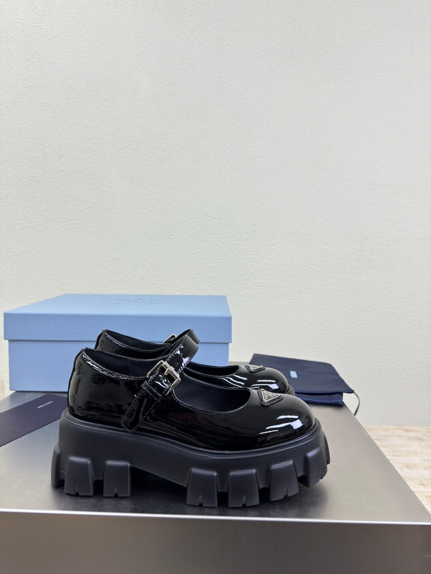 PRADA 25S PLATFORM MARY JANE SHOES IN BLACK GLOSSY CALFSKIN STYLE 2 - 35