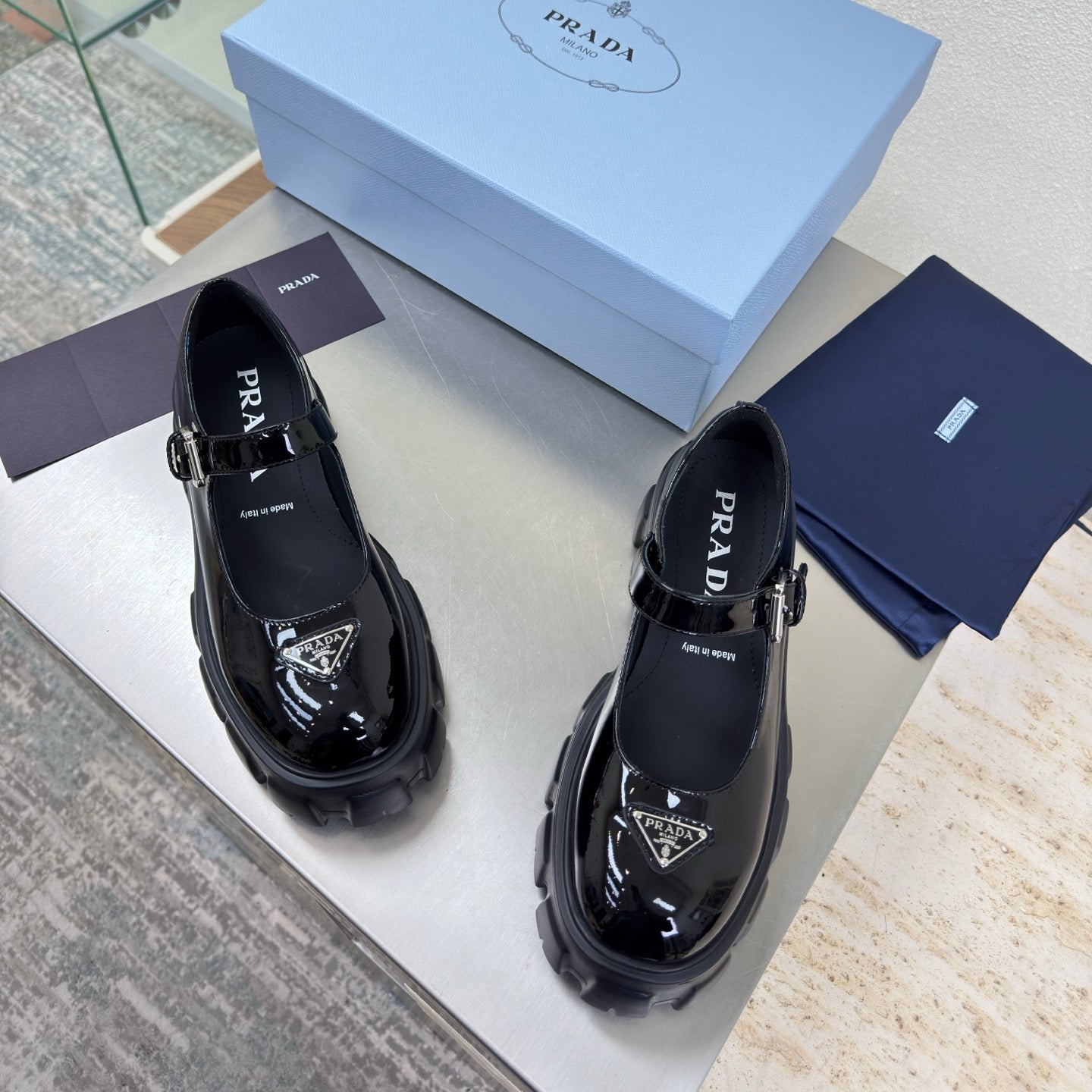 PRADA 25S PLATFORM MARY JANE SHOES IN BLACK GLOSSY CALFSKIN STYLE 2 - 35