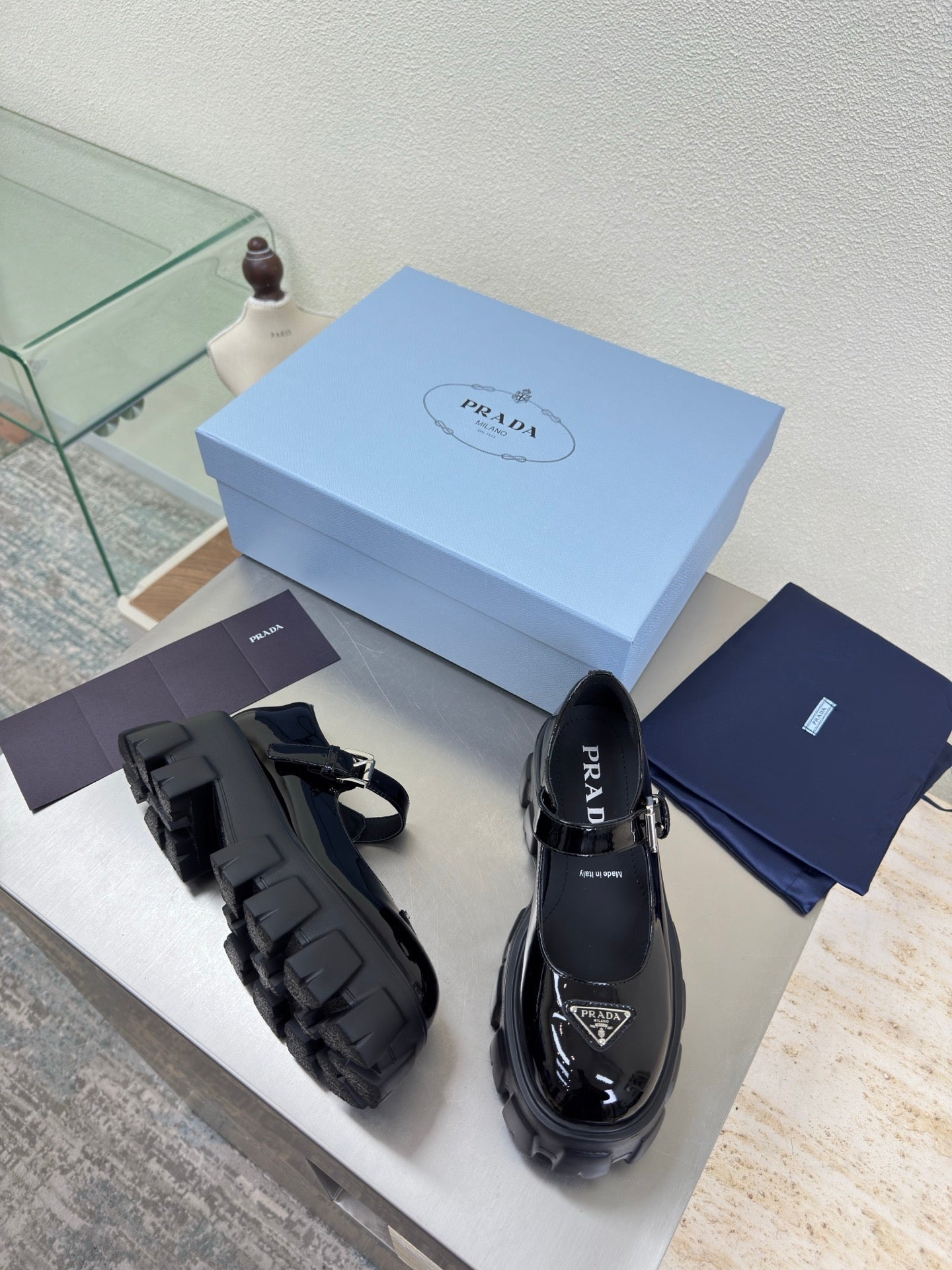 PRADA 25S PLATFORM MARY JANE SHOES IN BLACK GLOSSY CALFSKIN STYLE 2 - 35
