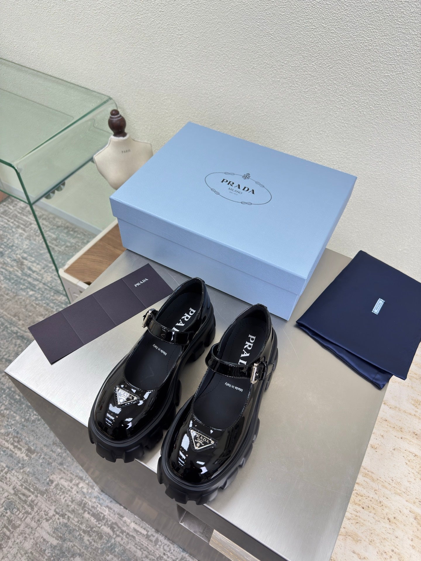 PRADA 25S PLATFORM MARY JANE SHOES IN BLACK GLOSSY CALFSKIN STYLE 2 - 35