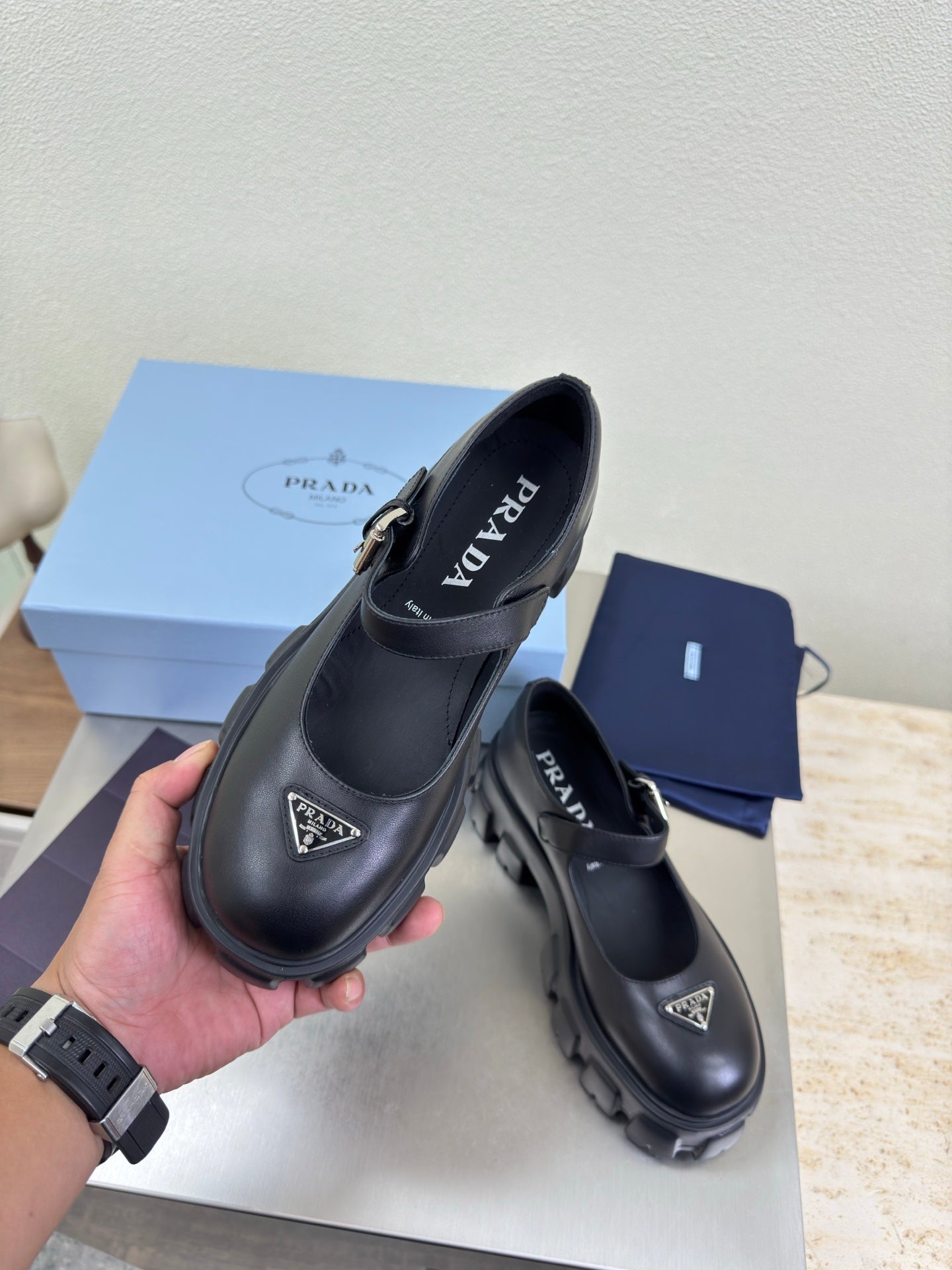 PRADA 25S PLATFORM MARY JANE SHOES IN BLACK CALFSKIN STYLE 1 - 35
