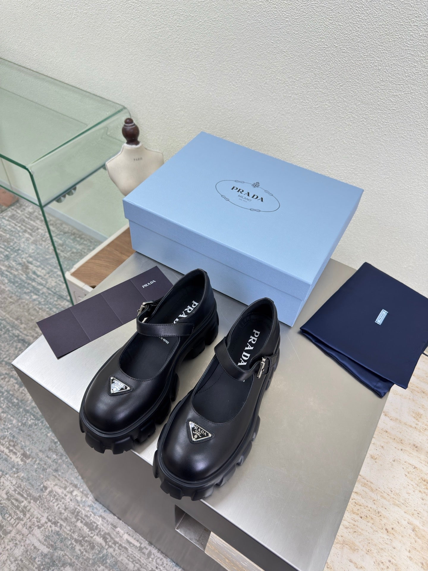 PRADA 25S PLATFORM MARY JANE SHOES IN BLACK CALFSKIN STYLE 1 - 35