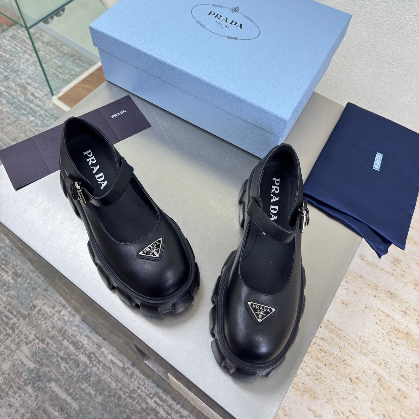 PRADA 25S PLATFORM MARY JANE SHOES IN BLACK CALFSKIN STYLE 1 - 35